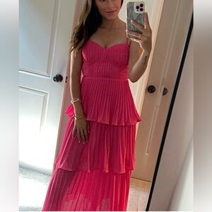 Lulus Cascading Crush Hot Pink Tiered Bustier Midi Dress